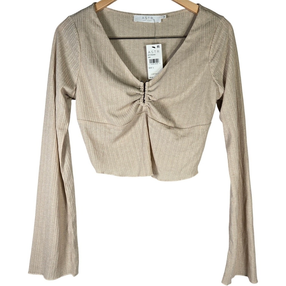 ASTR The Label Womens Long Sleeve‎ Ruched Front Crop Top Tan Size L